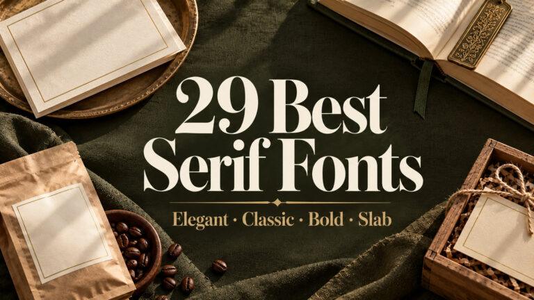 29 Best Serif Fonts for Small Brands and Creators: wedding card, classic book, kraft coffee bag and wooden crate on dark olive linen