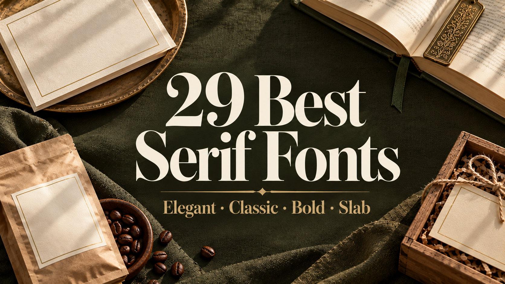 29 Best Serif Fonts for Small Brands and Creators: wedding card, classic book, kraft coffee bag and wooden crate on dark olive linen