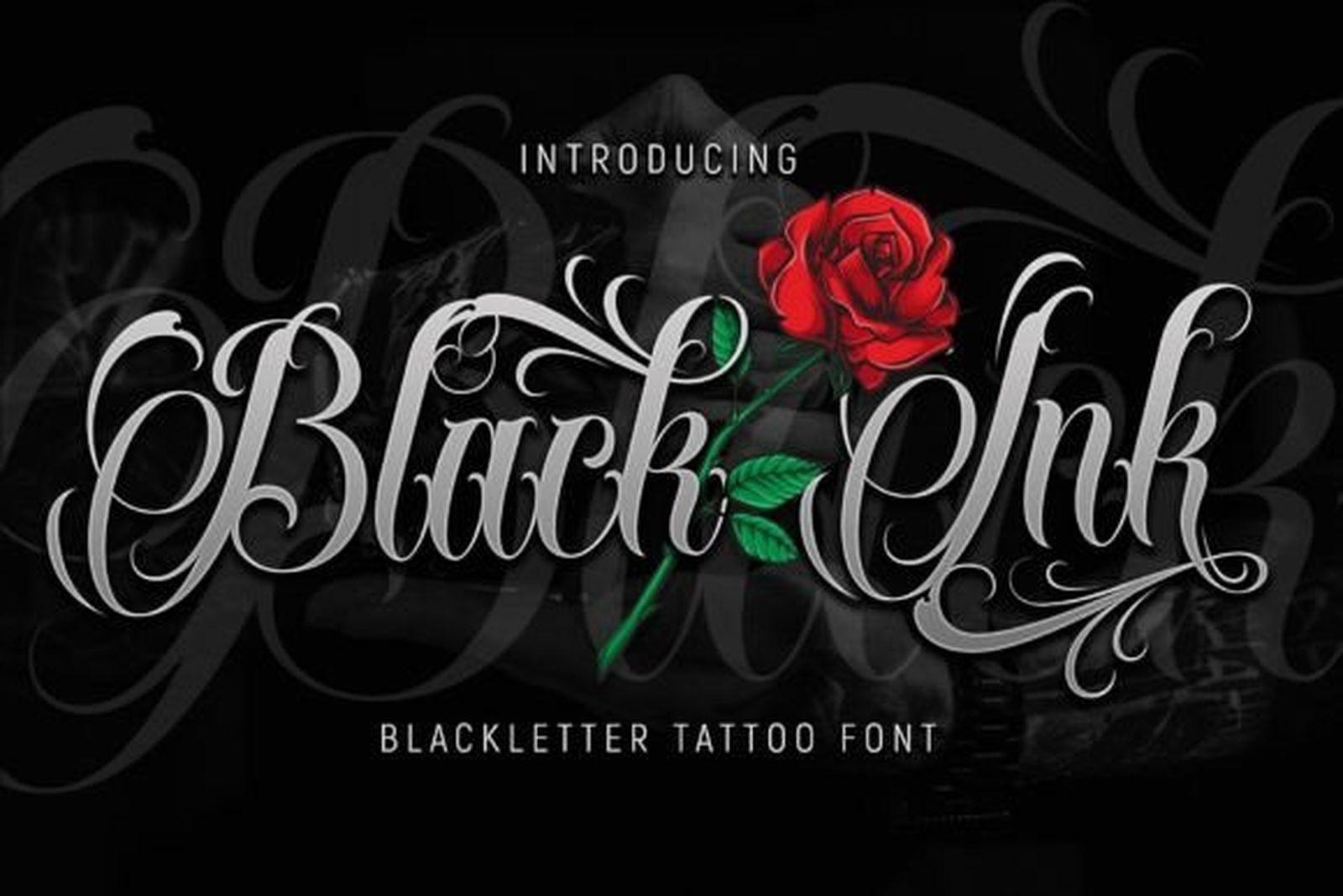 Black Ink Font preview, blackletter script tattoo font for men with swash capitals