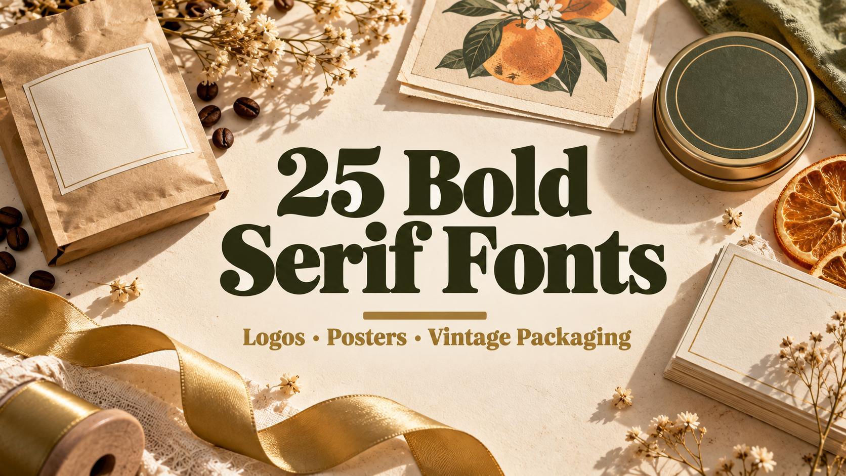 25 Bold Serif Fonts for Logos, Posters and Vintage Packaging: kraft coffee bag, retro poster and business cards on cream paper
