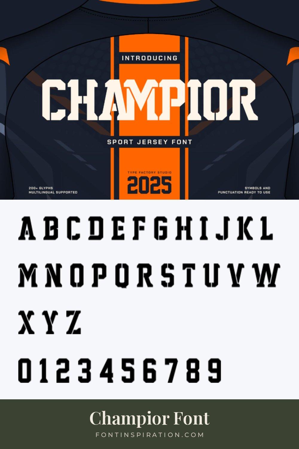 Champior Font by TypeFactory, jersey font alphabet and numbers 0-9