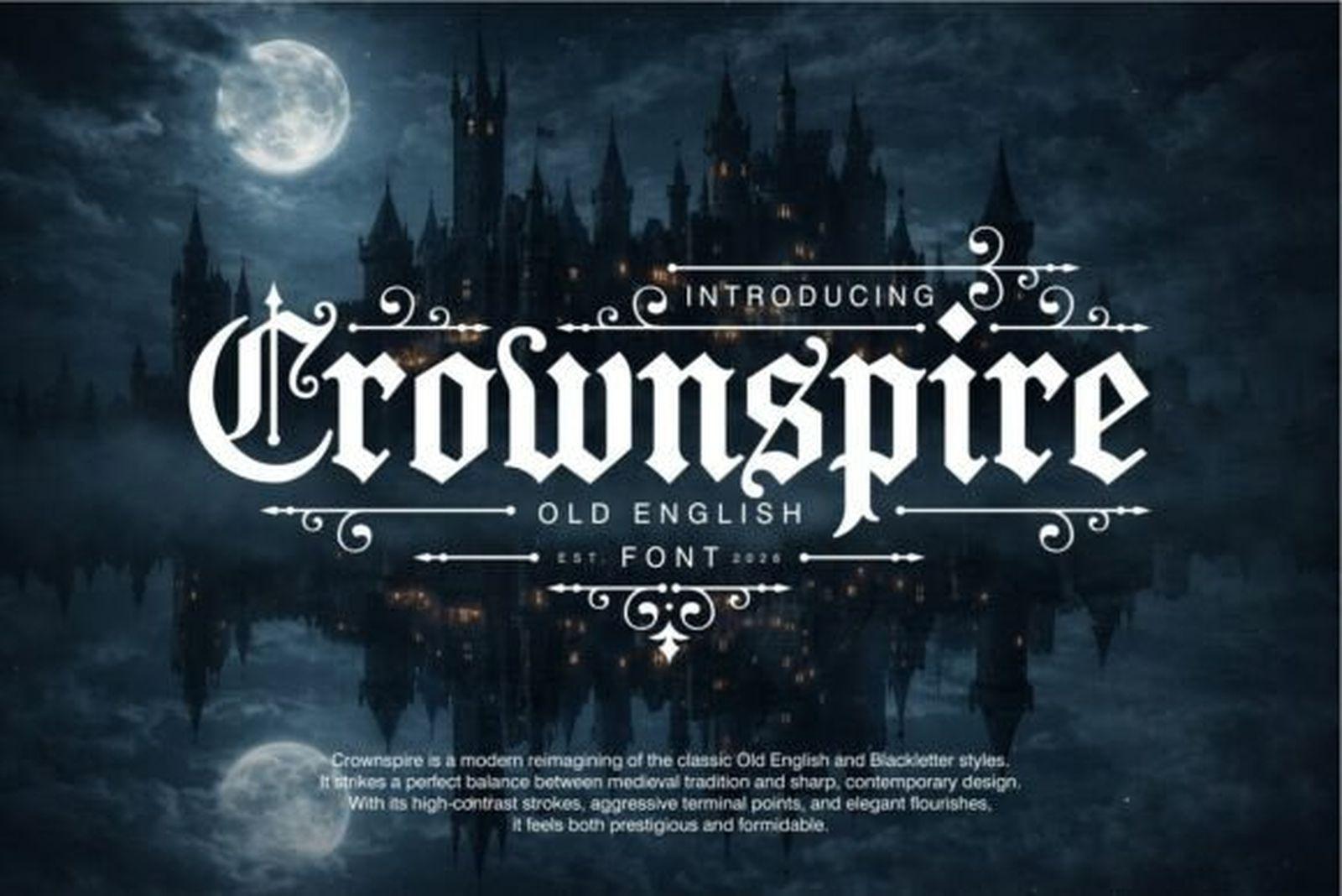 Crownspire Font preview, ornate Old English gothic tattoo font