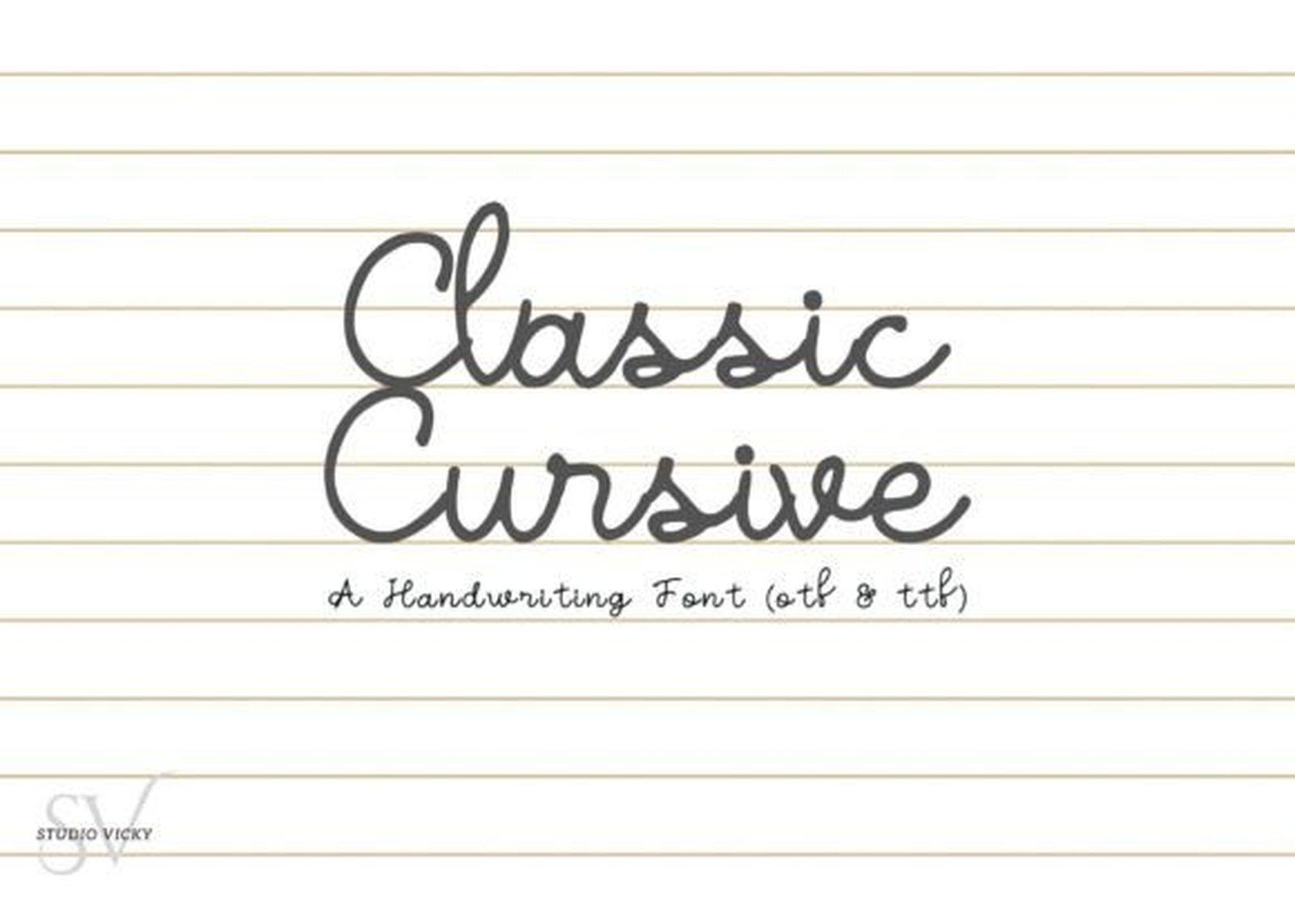 Classic Cursive Font by Victoria Gates, thin monoline cursive handwriting on lined paper