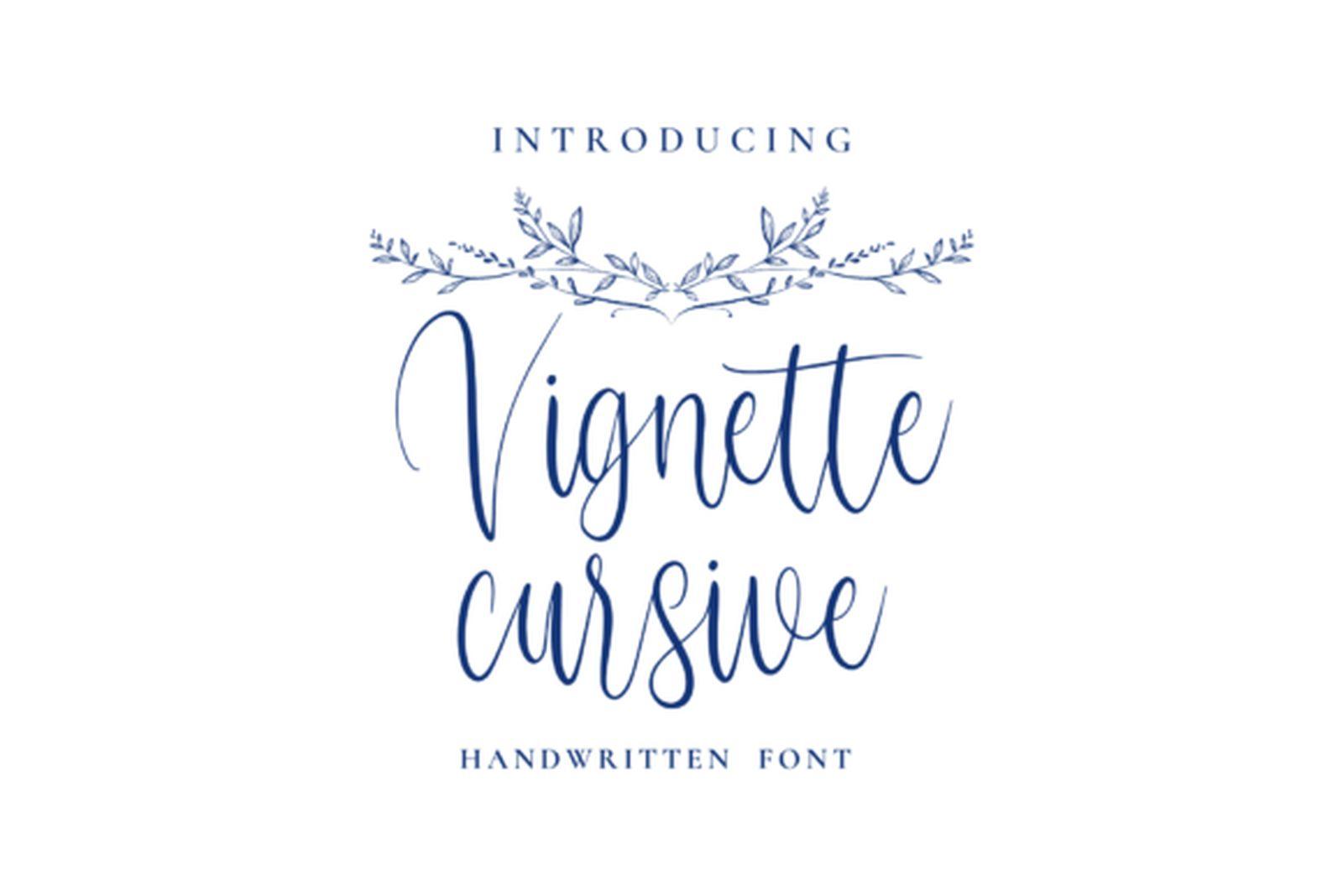Vignette Cursive Font by jackgridden, thin blue calligraphy script with tall capitals