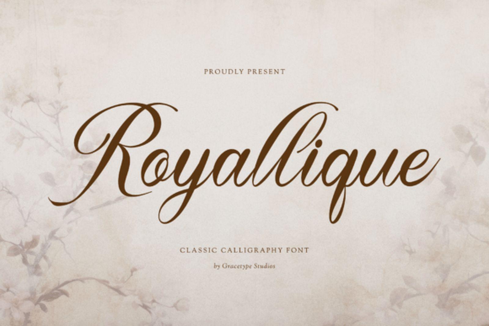 Royallique Font by Gracetypestudio, classic calligraphy script in brown ink on aged paper