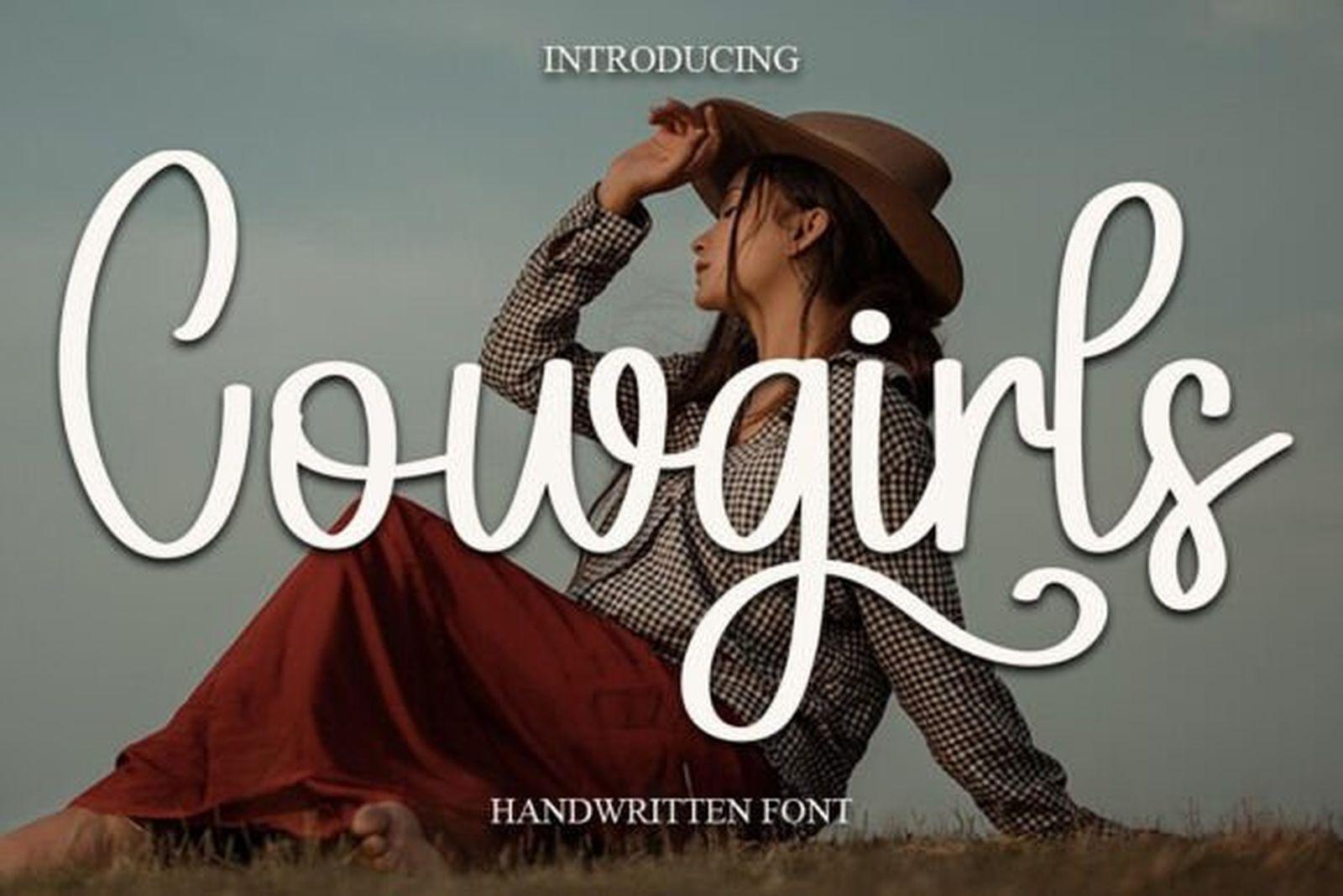 Cowgirls Font by salma studio, bold rounded handwritten script in white over a photo