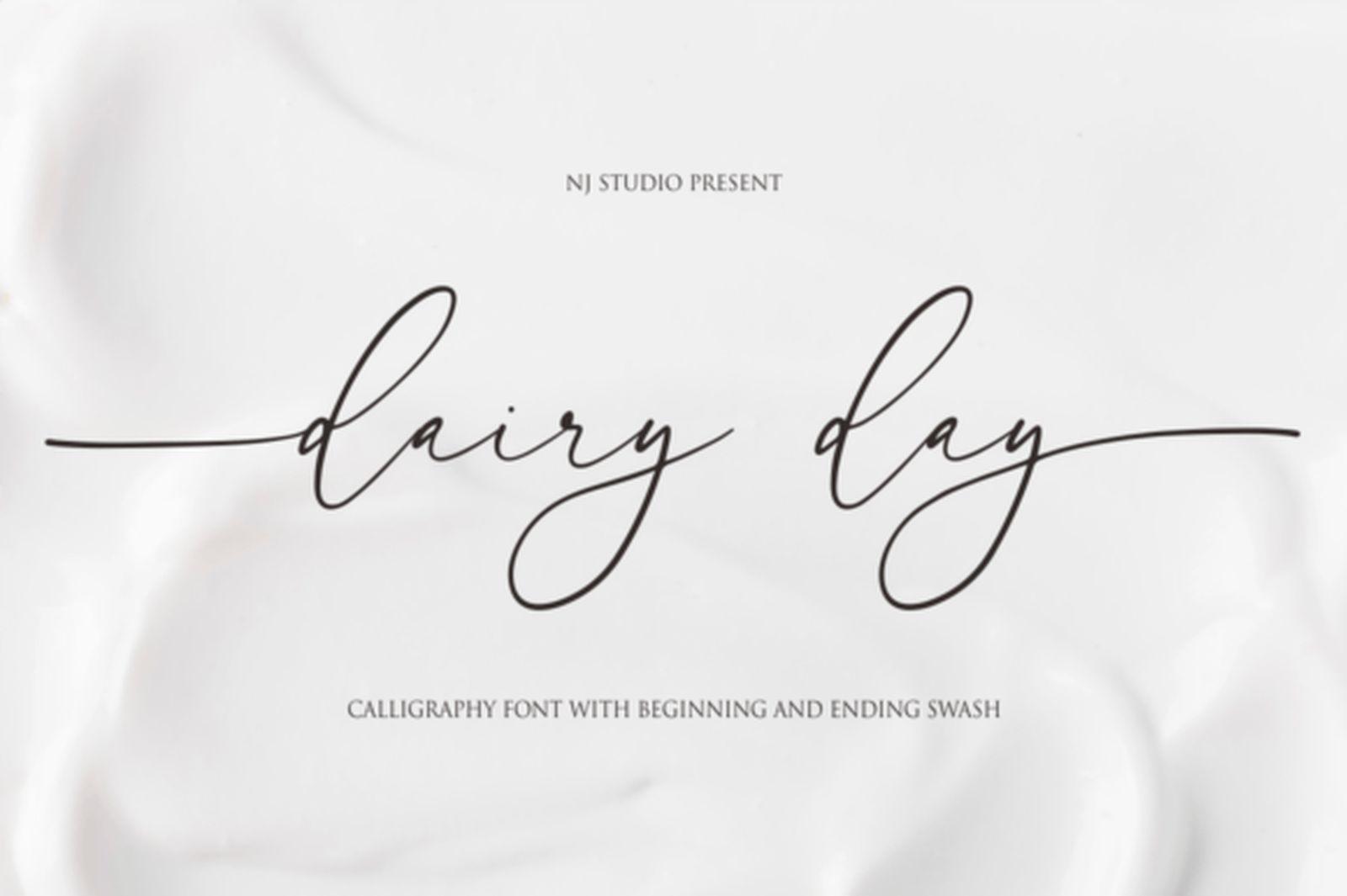 Dairy Day Font by NJStudio, calligraphy signature font with beginning and ending swashes