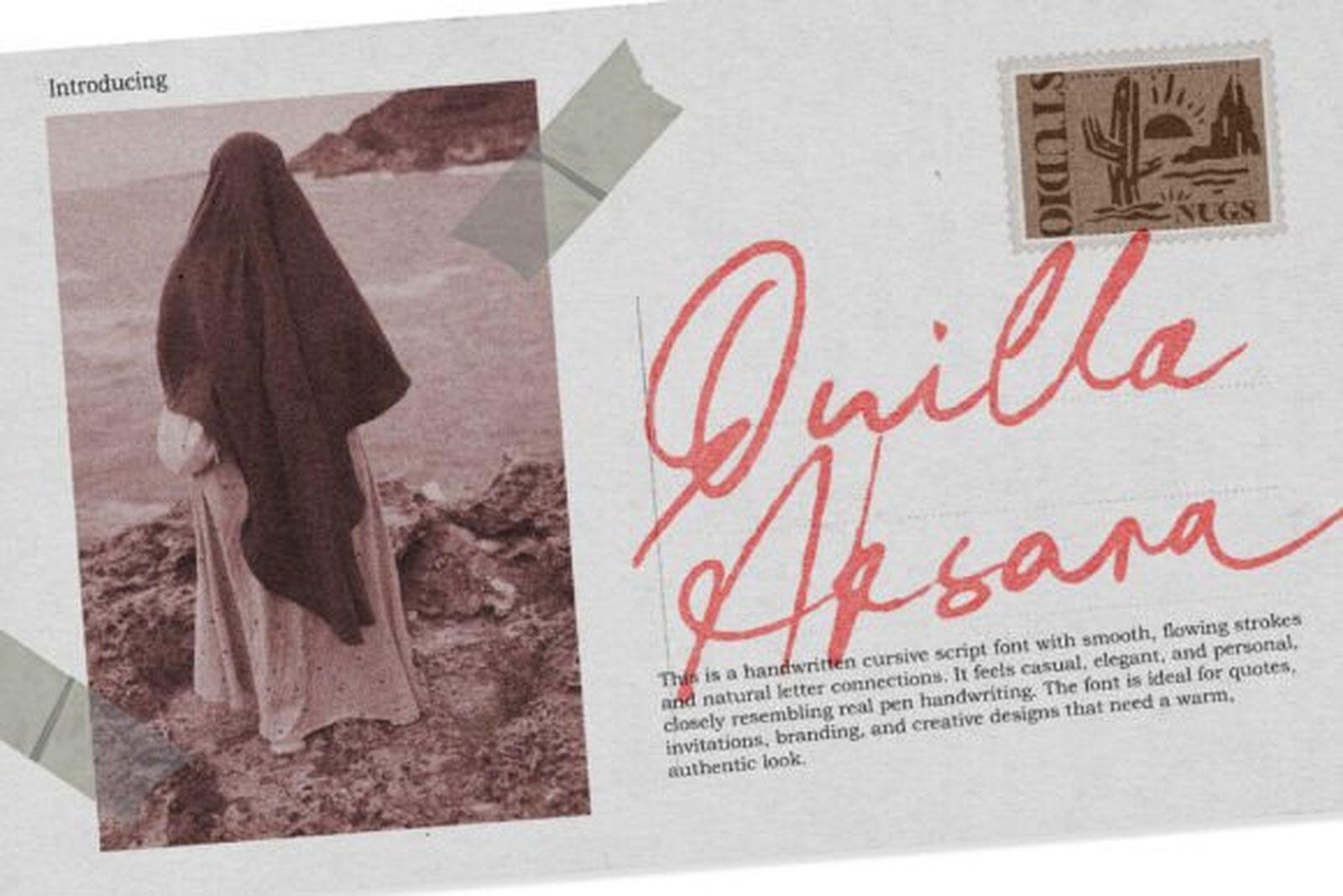 Quilla Aksara Font by Andrie Nugrie, handwritten signature script over a vintage paper collage