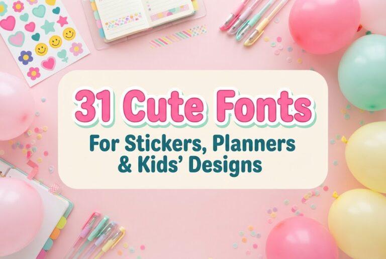 31 Cute Fonts for stickers, planners and kids' designs on a pastel flat lay with stickers, balloons and pens
