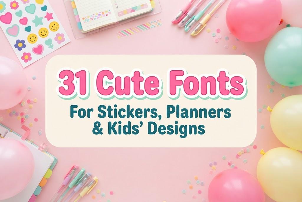 31 Cute Fonts for stickers, planners and kids' designs on a pastel flat lay with stickers, balloons and pens