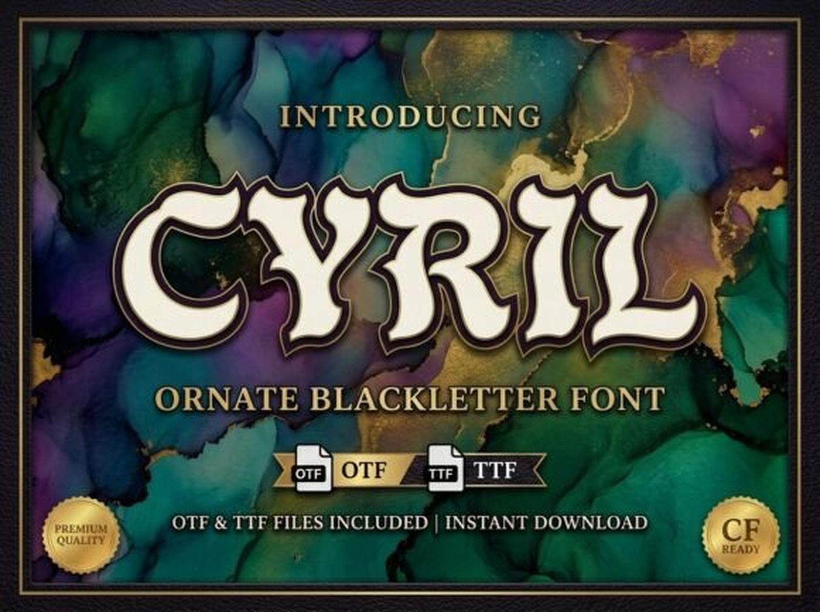Cyril Font preview, ornate blackletter gothic tattoo font