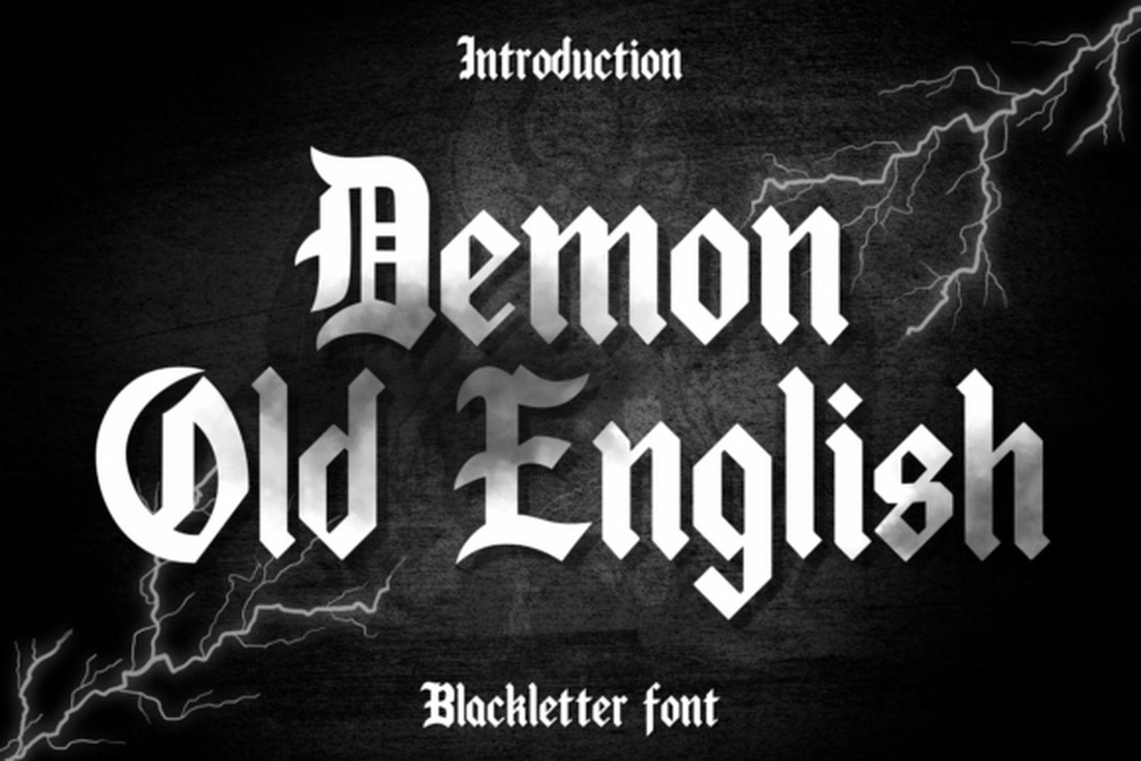 Demon Old English Font preview, sharp contrast gothic tattoo font