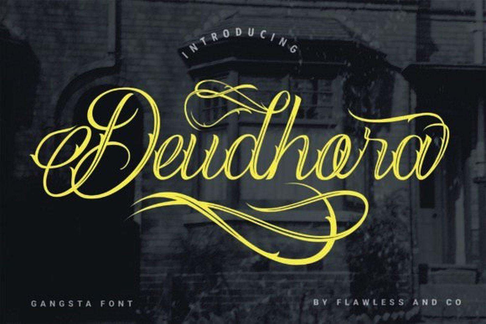 Deudhora Font preview, bold gangsta script tattoo font for men