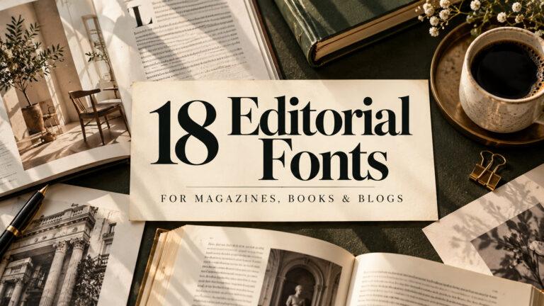 18 editorial fonts for magazines, books and blogs — serif type on an open book and magazine spread