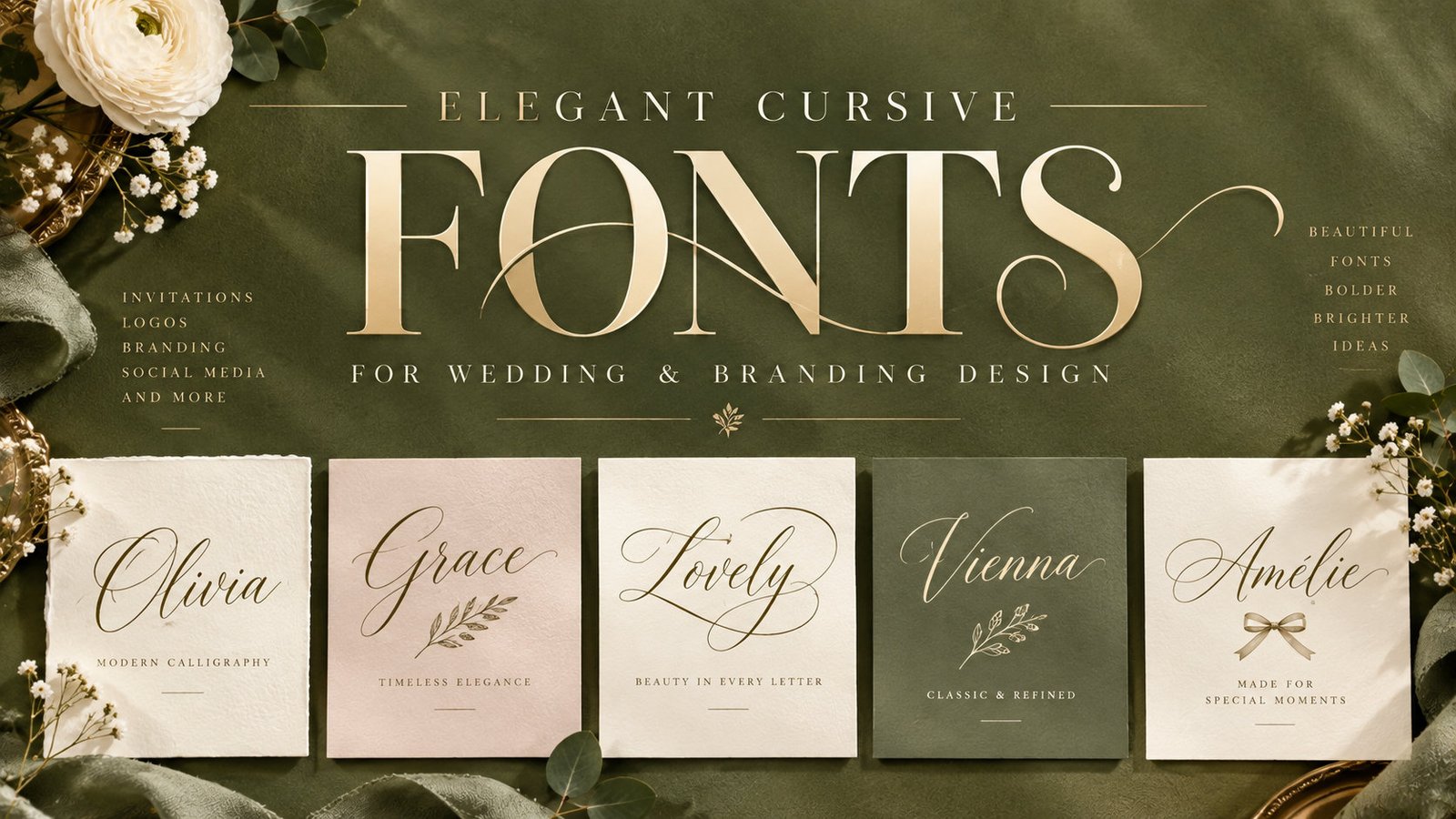 Elegant cursive and script fonts collection cover for wedding and branding design