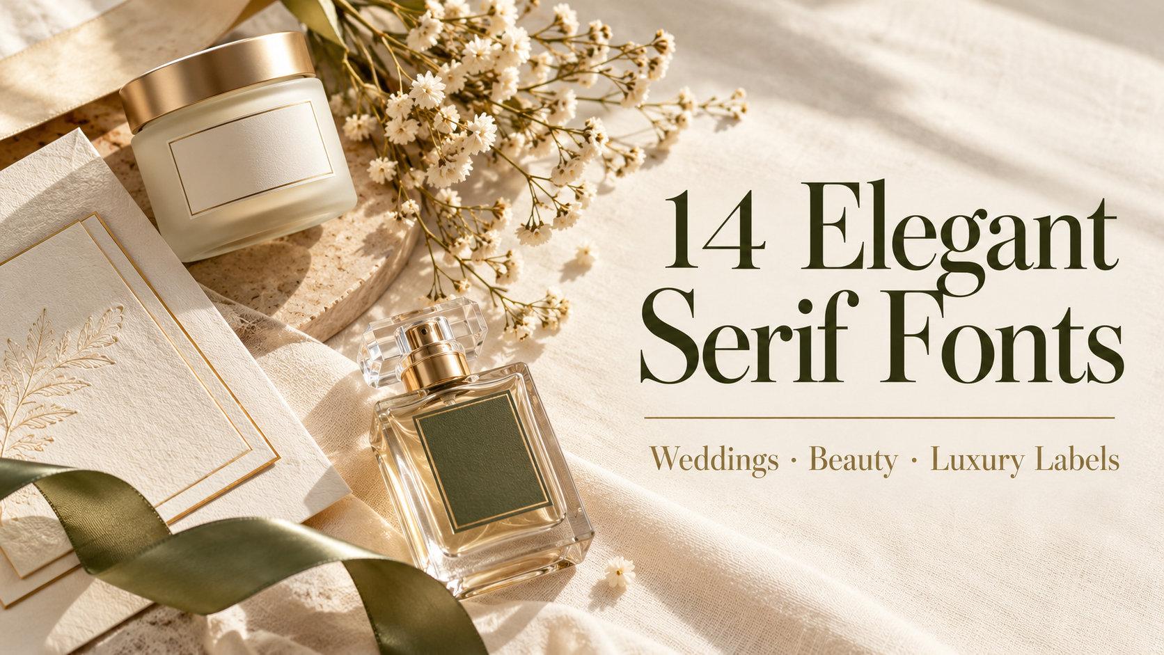 14 Elegant Serif Fonts for Wedding Invitations, Beauty Brands and Luxury Labels: wedding invitation, skincare jar and perfume bottle on cream linen