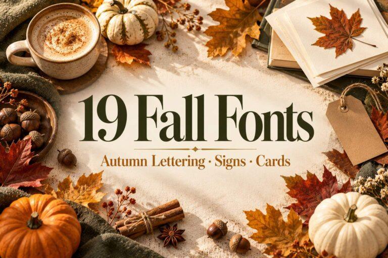 19 Fall Fonts for autumn lettering, signs and cards on a cream flat lay with maple leaves, pumpkins and a spiced latte