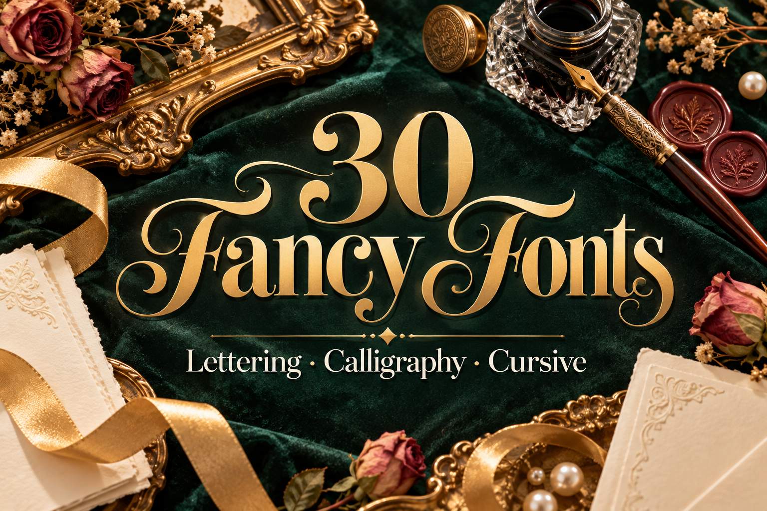 30 Fancy Fonts for lettering, calligraphy and cursive on an emerald velvet flat lay with gold filigree, a dip pen and burgundy wax seals