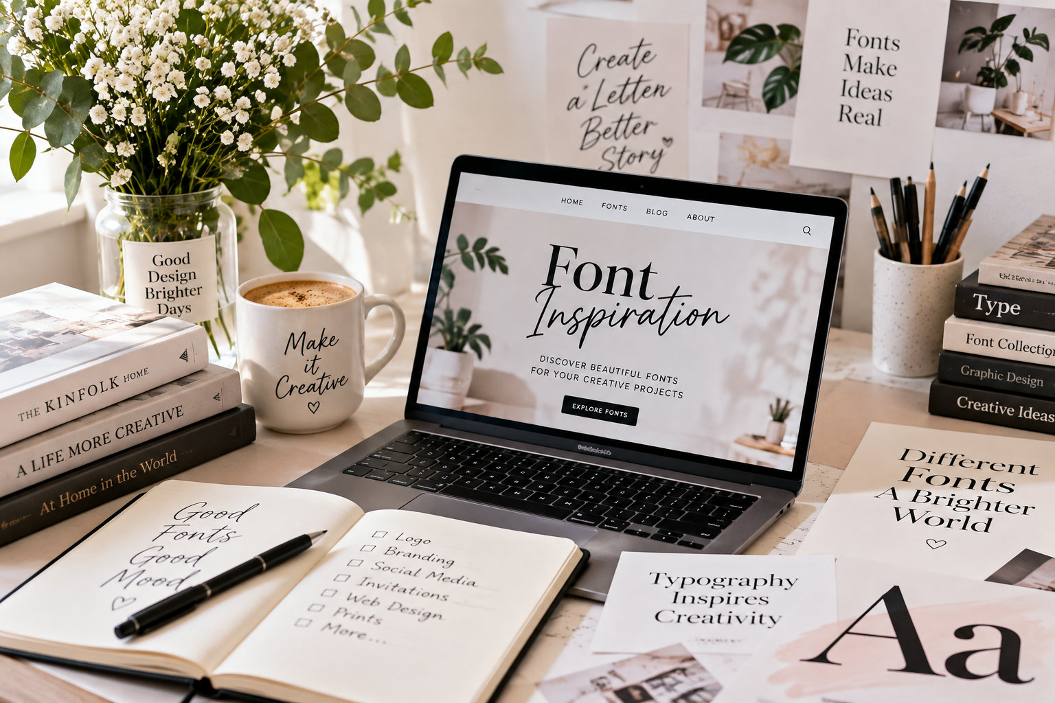 Creative workspace with fonts and typography inspiration