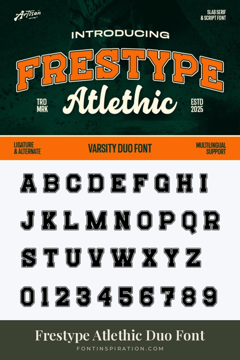 Frestype Atlethic Duo Font by Artisan Themes, jersey font alphabet and numbers 0-9