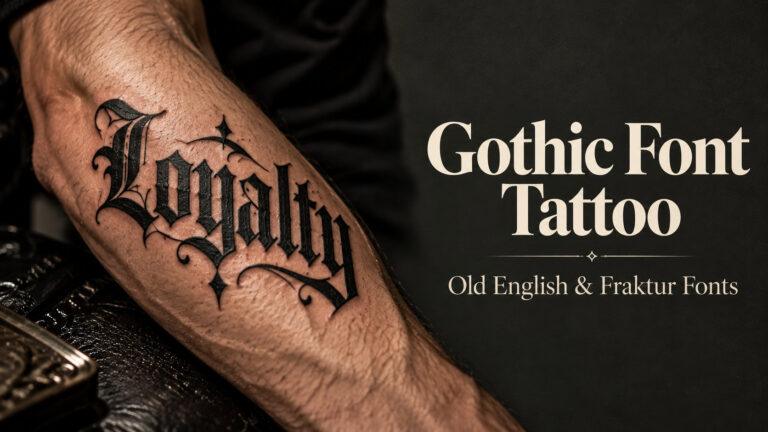 Gothic Font Tattoo cover with Old English and Fraktur Fonts title and a blackletter tattoo on a forearm