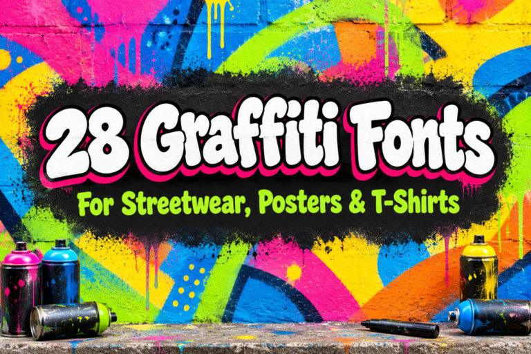 28 Graffiti Fonts for streetwear, posters and T-shirts on a colorful spray-paint wall with bubble lettering