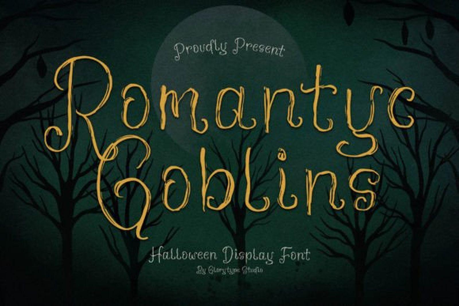Romantyc Goblins Font by Glorytype Studio, vintage display serif with curling swash terminals