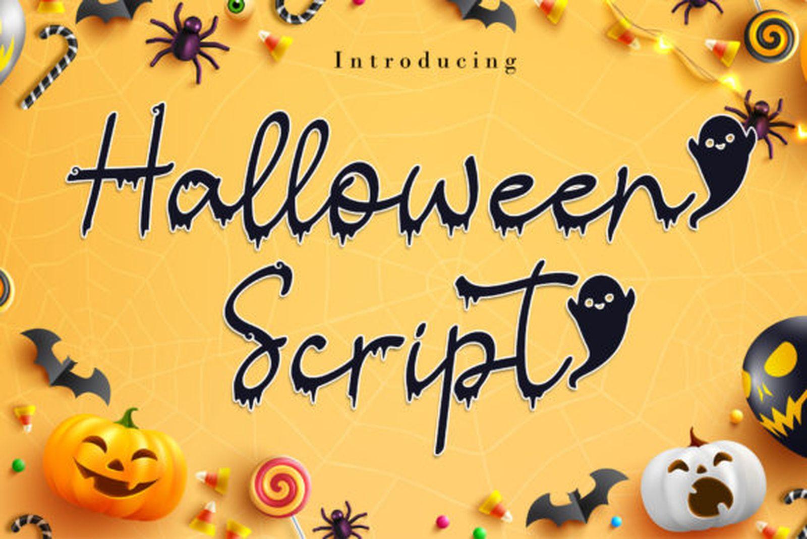 Halloween Script Font by AEN Creative Studio, bouncy script with curled ends on a candy background