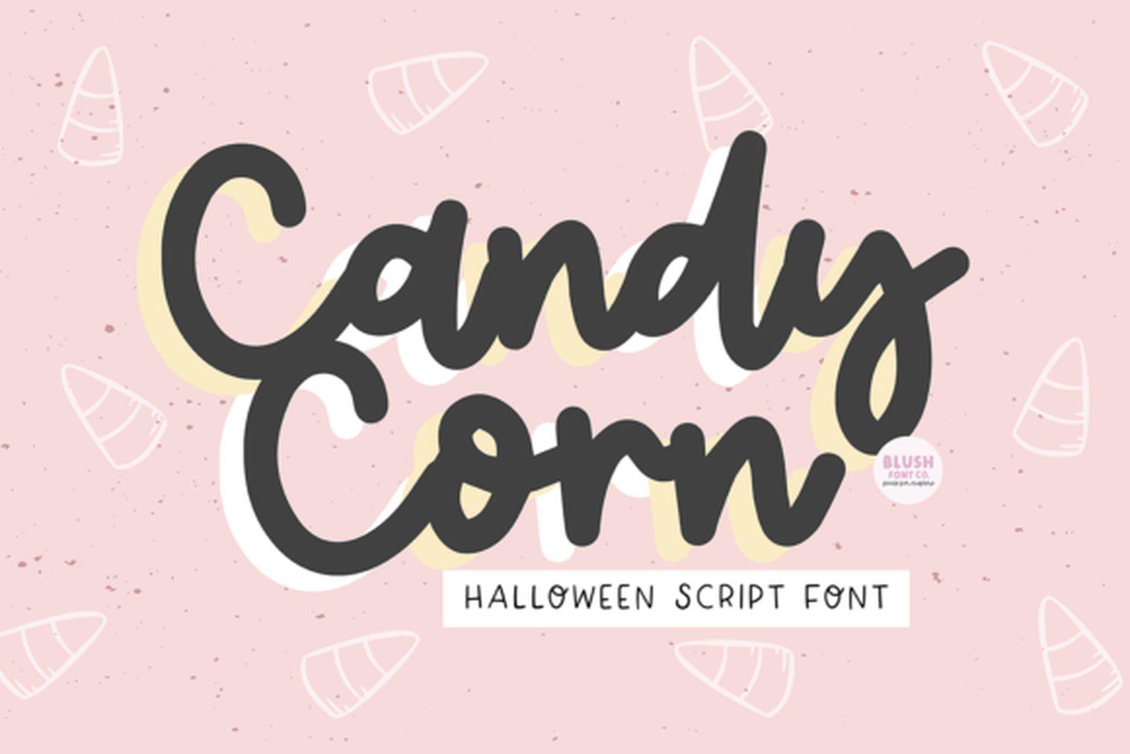 Candy Corn Font by blushfontco, thick rounded Halloween script font on a pink background