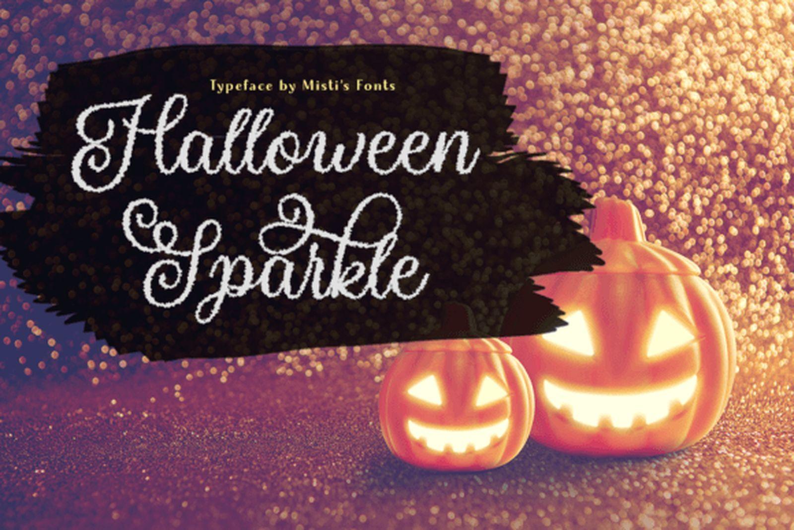 Halloween Sparkle Font by Misti, script font with looped capitals beside glowing pumpkins