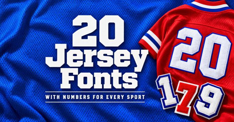 20 jersey fonts with numbers shown on a red jersey with white block number 20 on a blue background