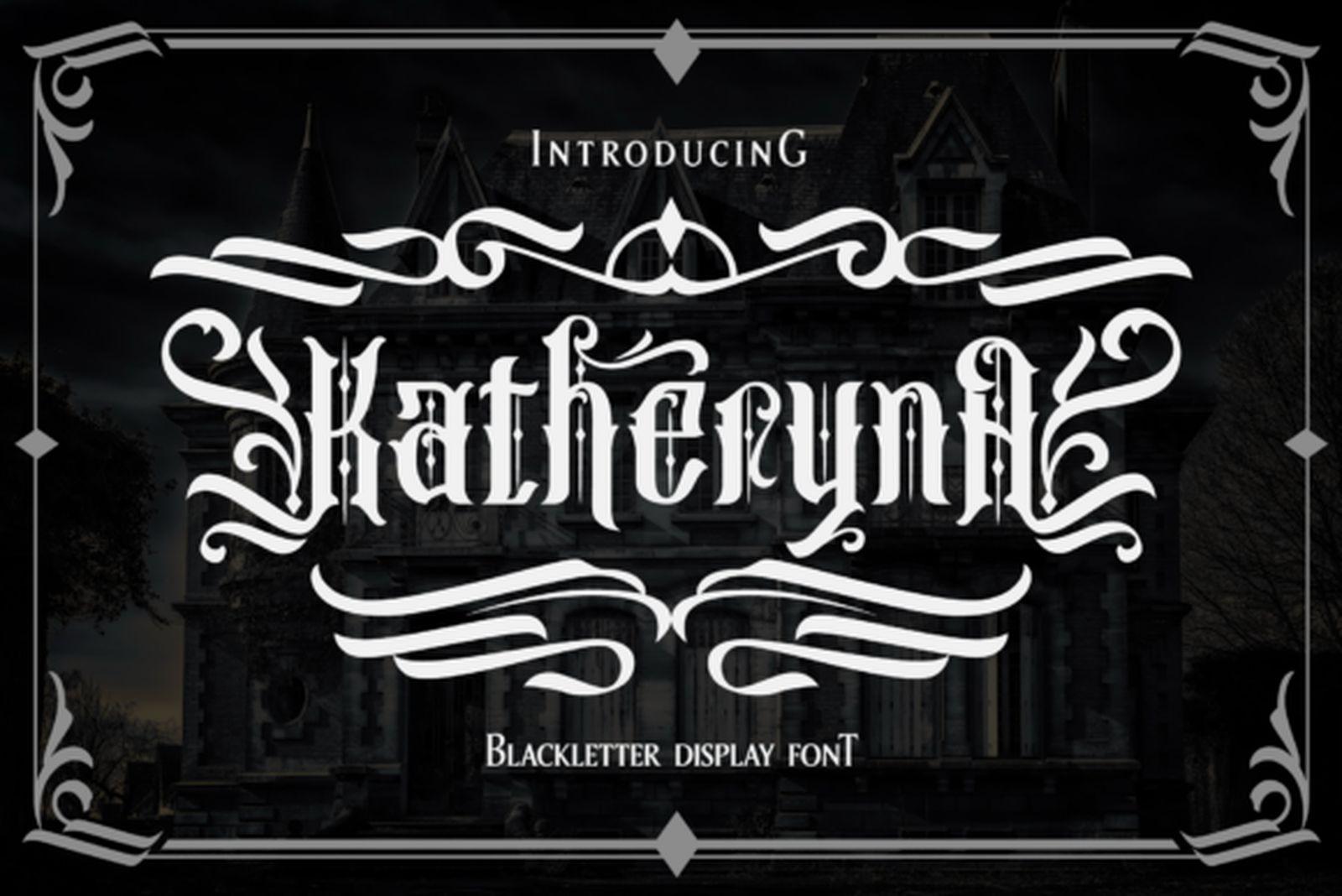 Katheryna Font preview, flourished blackletter gothic tattoo font