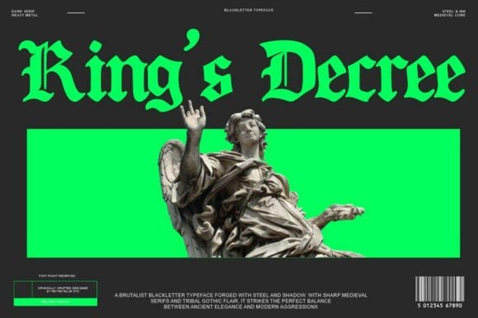 King's Decree Font preview, heavy sharp gothic tattoo font