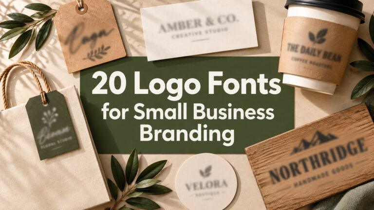 20 Logo Fonts for Small Business Branding shown on labels, business cards and signs