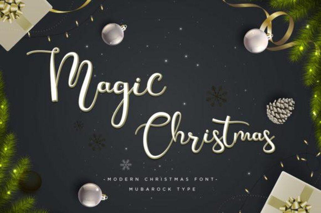 Magic Christmas Font elegant script on dark Christmas background
