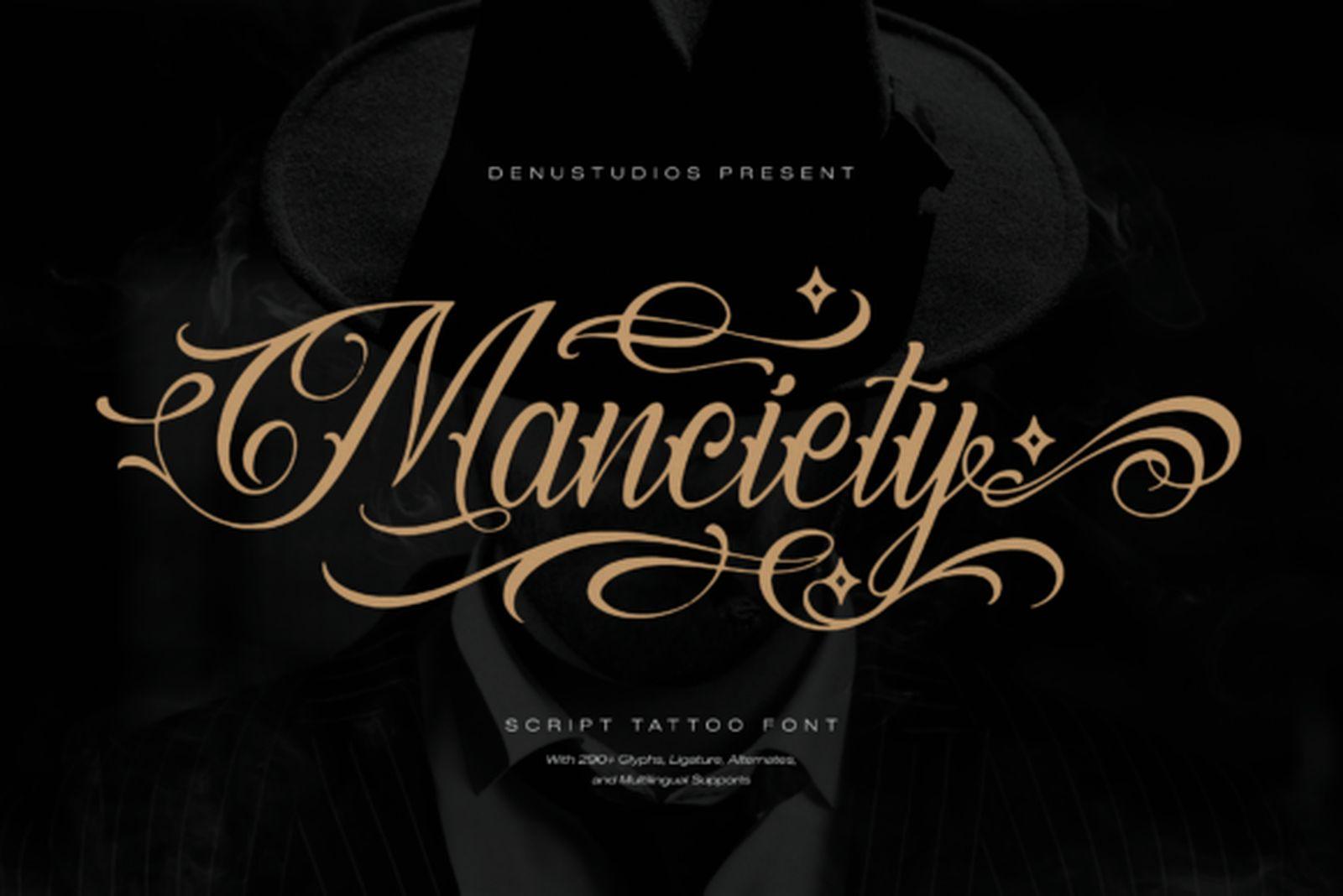 Manciety Font preview, Chicano script tattoo font for men with long tails