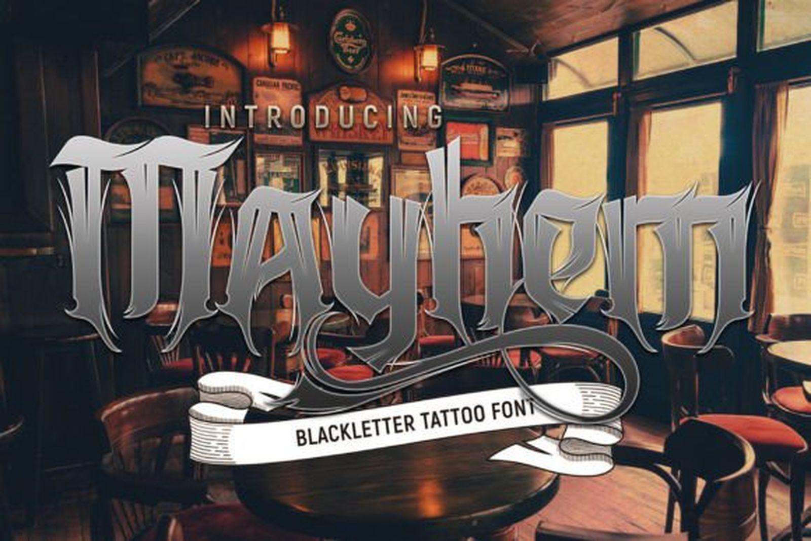 Mayhem Font preview, condensed heavy blackletter tattoo font for men