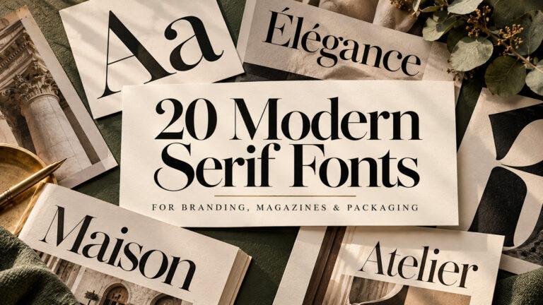 20 Modern Serif Fonts for branding, magazines and packaging — high-contrast serif type specimens on cream cards
