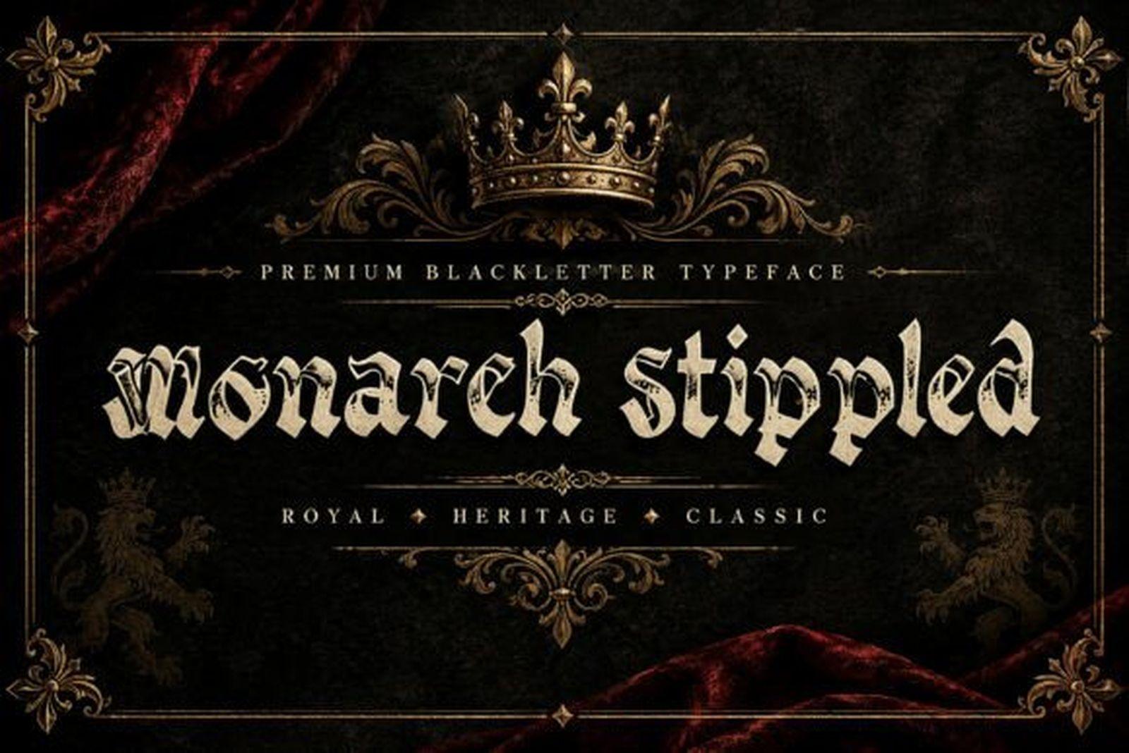 Monarch Stippled Font preview, dotwork blackletter gothic tattoo font