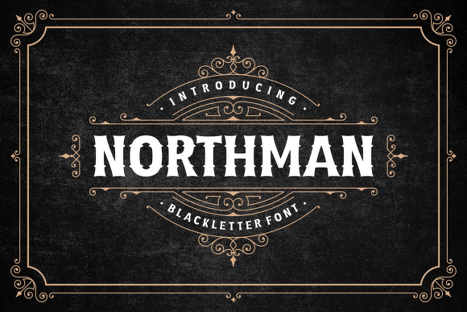 Northman Font preview, vintage badge tattoo font for men