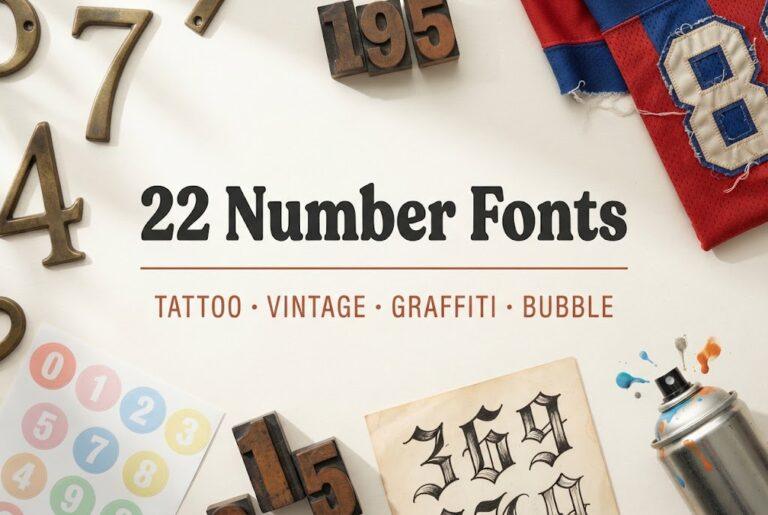22 Number Fonts in tattoo, vintage, graffiti and bubble styles on a flat lay with brass house numbers, letterpress blocks and number stickers