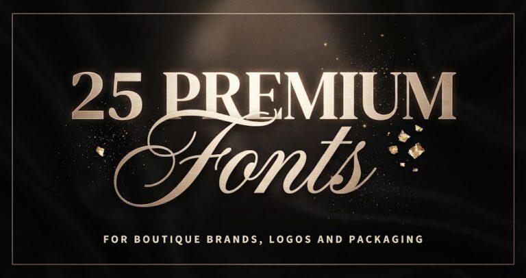 25 Premium Fonts for boutique brands, logos and packaging, gold serif and script title on a dark luxury background