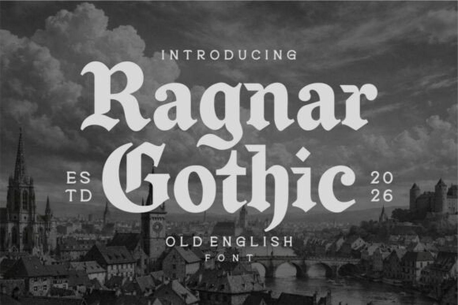 Ragnar Gothic Font preview, classic Old English gothic tattoo font