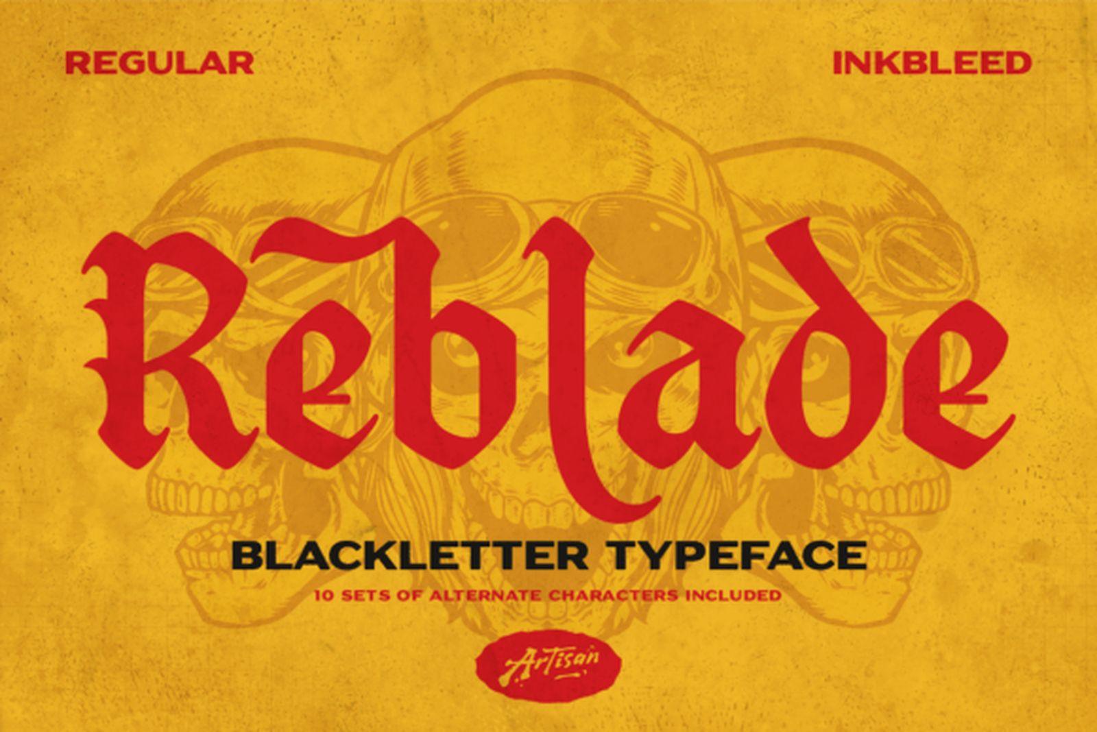 Reblade Font preview, bold rough-edged gothic tattoo font