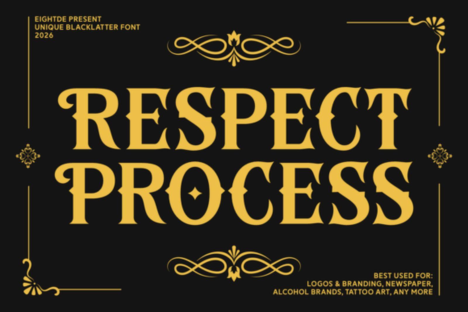 Respect Process Font preview, wide bold serif tattoo font for men