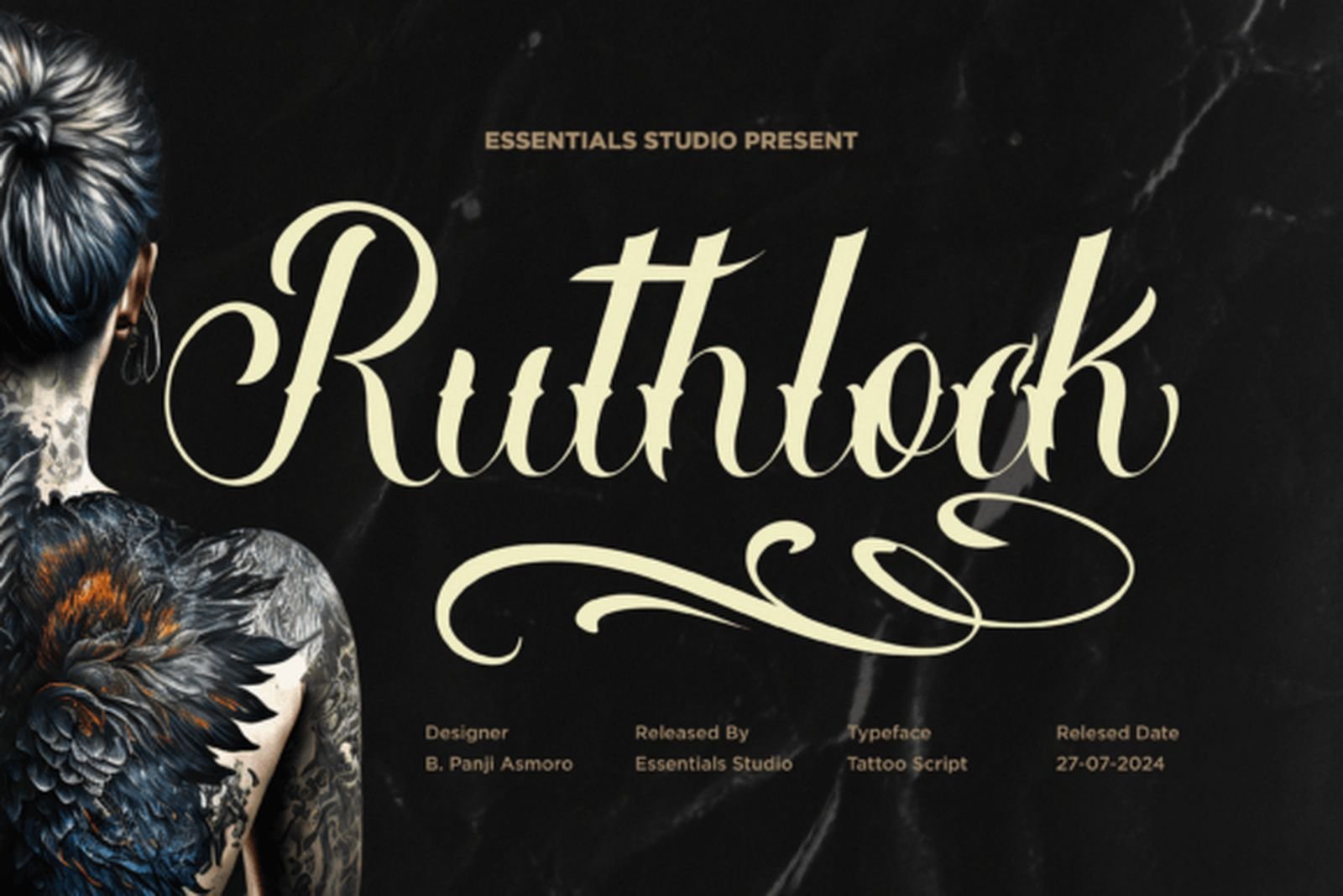 Ruthlock Font — tall narrow cursive tattoo script font preview