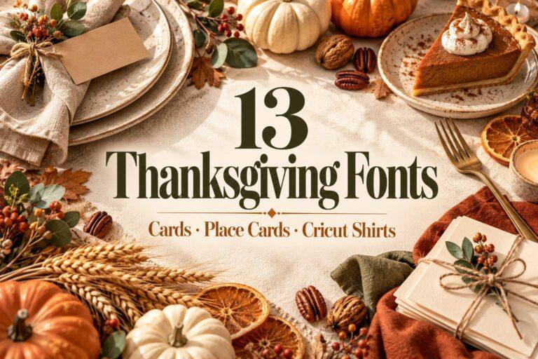 13 Thanksgiving Fonts for cards, place cards and Cricut shirts on a cream Thanksgiving table flat lay with pumpkin pie, wheat and small pumpkins