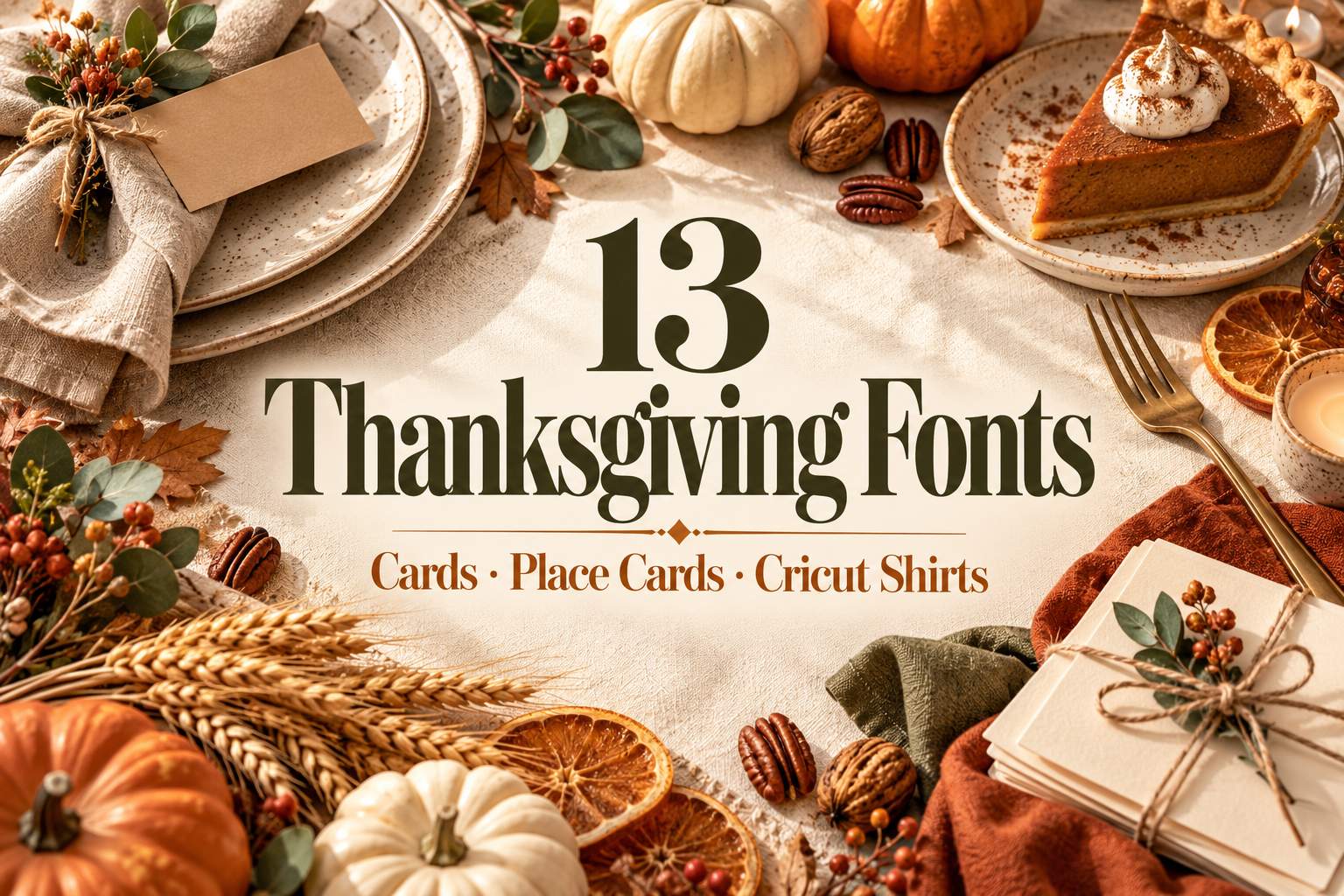 13 Thanksgiving Fonts for cards, place cards and Cricut shirts on a cream Thanksgiving table flat lay with pumpkin pie, wheat and small pumpkins