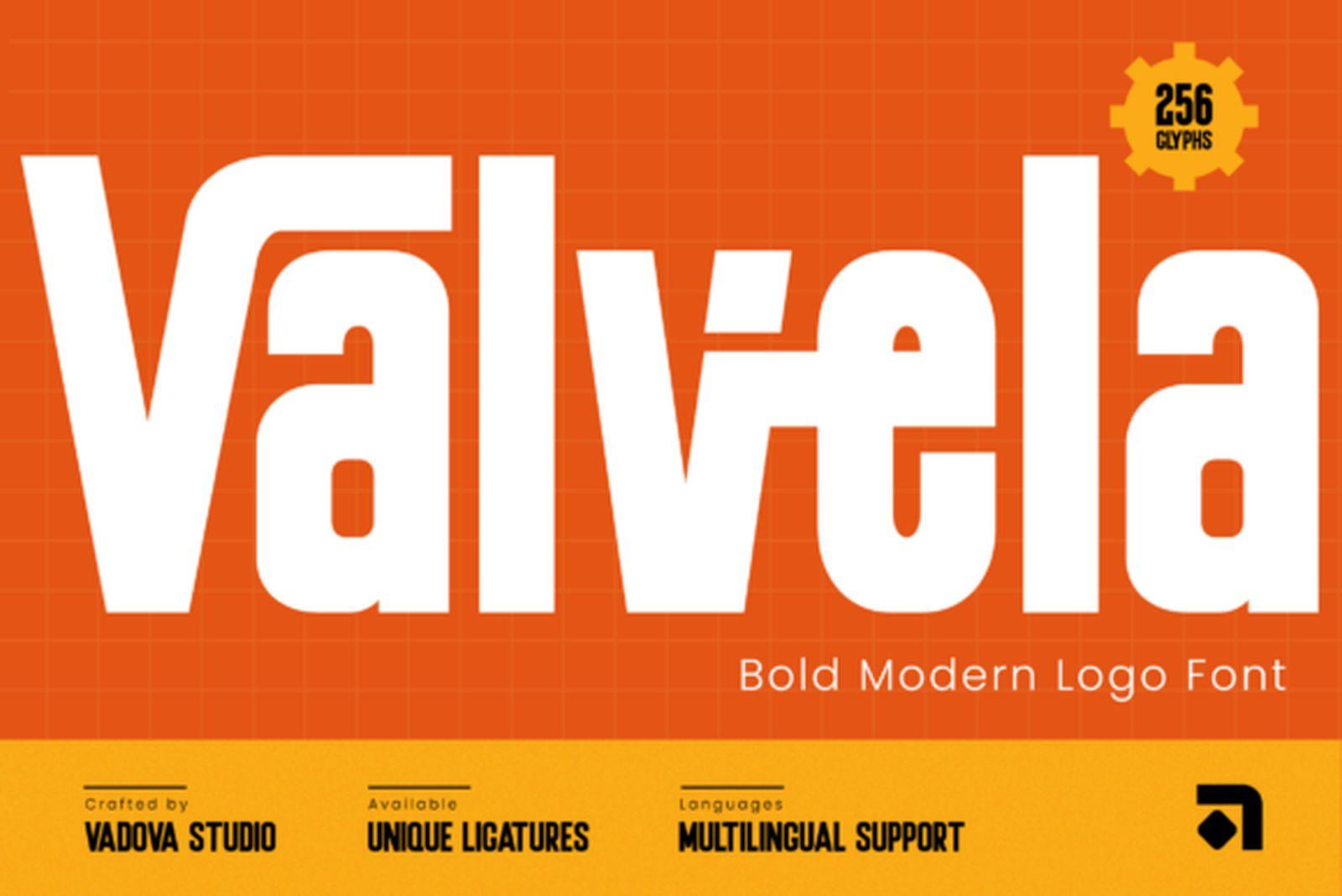 Valvela Font bold condensed logo font for packaging