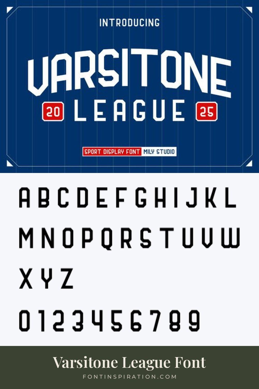 Varsitone League Font by Mily Studio, jersey font alphabet and numbers 0-9